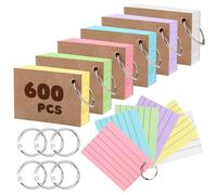EOPUOZS Fiches Bristol A8 Lignées, 600 Cartes d’index Couleurs avec 6 Anneaux de Reliure, Fiches de Qualité Supérieure pour Notes, Entraînement au Vocabulaire, Formules et Préparation aux Examens