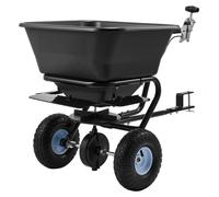 Épandeur tracté pour pelouse, largeur d'épandage de 3 m, épandeur pour jardin et pelouse avec attelage universel, capacité de 38,6 kg et pneus tout-terrain de 10 pouces, épandeur d'engrais et de semen