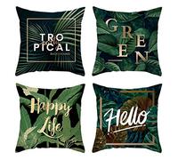 Epinki Lot de 4 Housse Coussin Canapé 50x50, Housse Coussin Feuilles Green Happy Life Hello Tropical... Housse en Polyester, Or Noir Vert