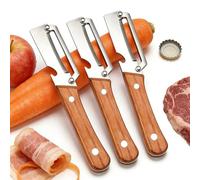 Éplucheur multifonction professionnel en inox avec manche en bois - 3 en 1: économe légumes, coupe viande pour barbecue & décapsuleur-Ustensile de cuisine polyvalent pour légumes,fruits,viande (3 PCS)