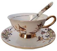 Eplze YBK Tech Ensemble de tasse et soucoupe style européen, en porcelaine pour thé et café pour le petit-déjeuner, la maison, la cuisine - Motifs oiseaux et arbres (blanc)