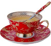 Eplze YBK Tech Lot de tasses et soucoupes en porcelaine anglaise de style euro, 200 ml, pour la maison, la cuisine, le mariage (motif floral rétro, rouge)