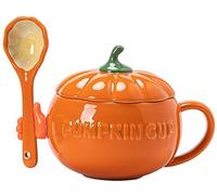Eplze YBK Tech Tasse en Forme de Citrouille, Tasse à Café en Céramique, Tasse à thé avec Couvercle, 8.5oz (Tasse + cuillère + main en silicone (peler et coller))