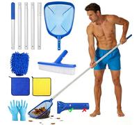 Epuisette Piscine avec Manche Telescopique 2,1 M, Écumoire de Piscine à Mailles Fines avec Brosse, Écumoire à Tamis à Mailles Fines, Kit d'écumoire de Piscine avec Chiffons de Nettoyage pour Piscines
