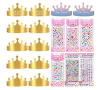 EQLEF Couronne en Papier Doré, 12pcs Chapeaux de Couronne Roi Enfant Avec 6 Stickers Bijoux Réglables Couronne Anniversaire Enfant Chapeau Anniversaire Enfant Garçon Fille Partie Artisanat (A)