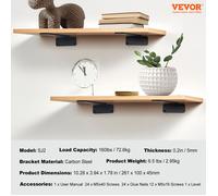 VEVOR Équerre d'étagère, 261 x 100 x 45mm, supports d'étagères flottants robustes, 6 pièces, supports pour étagères en L noir mat de 5 mm d'épaisseur, en acier avec une capacité de charge de 72,6 kg