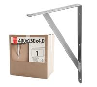Équerre étagère murale 90 degrés 400x250x4 mm, console acier argent, support mural métal charge lourde pour fixation murale, console triangulaire robuste pour étagère Lun Fix