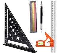 Equerre Menuisier 180MM, Règle d'Angle de Combinaison 300MM, Equerre Charpentier avec Niveau à Bulle et Crayon Chantier pour Tracé, Mesure, Marquage