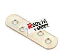 Equerre plate metal 60x16x1,5 mm, 1 pièce, fixation meuble bois metal, plaque perforée acier galvanisé, pattes d’assemblage plates, support droit renfort connexion meubles, Lun Fix
