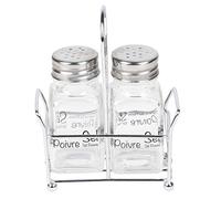 Equinox 520926 Ensemble SALIERE et POIVRIERE en verre et bouchon Inox avec support en Fer Chromé - Lot de Salière et Poivrière Traditionnelle