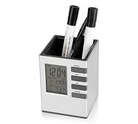 equlup Réveil Multifonction, Horloge numérique LED avec Porte-Stylo | Grand écran LCD de température, contrôle du son, fonction Snooze et organisateur de stylos, durée 12/24 heures