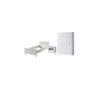 ERIK Lit simple 90x200 cm + chevet en bois + Armoire 3 portes Blanc