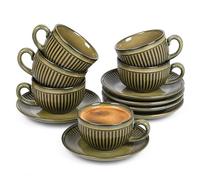 Erkundpresso. 6 Tasses à Café Expresso avec Soucoupes-Tasses 100ml avec Anse - Motif Rayé - Couleurs Uniques de Kiln, Parois Épaisses, Coffret Luxe,Conserve la Chaleur, Idéale pour Café & Thé - Vert