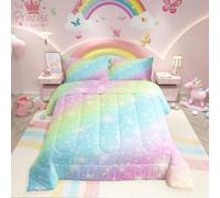 Erosebridal Parure de lit 2 pièces Arc-en-Ciel pour Enfants, Filles, Adolescentes, Femmes, Ensemble de Couette Pastel tie and Dye pour lit Simple, étoiles dorées, Paillettes, Aquarelle, Art Girly