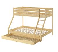 Erst-Holz® Lit superposé double 140 x 200 cm et 90 x 200 cm pour adulte en pin Accessoires au choix V-60.19-09-14 Sommier à roulettes et tiroir de lit avec