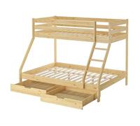 Erst-Holz® Lit superposé double 140 x 200 cm et 90 x 200 cm pour adulte en pin Accessoires au choix V-60.19-09-14 Sommier à roulettes et tiroir double avec
