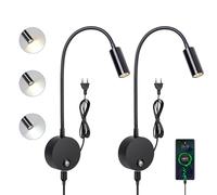 ERWEY 2pcs Applique murale LED, liseuse de chevet avec interrupteur, port de charge USB, 3W liseuse de lit pivotante à 360° avec prise et câble pour chambre, 3000-6000K, Noir