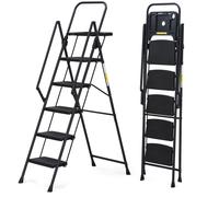 Escabeau 6 marches acier pliant, tabouret antidérapant avec main courante, sécurité charge 150kg, multifonction maison cuisine noir