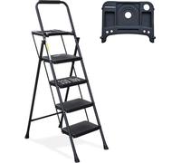 escabeau à 4 marches, marchepied pliable avec plate-forme porte-outils, large pédale antidérapante, échelle stable en acier, poignée confortable, marchepied léger et portable en acier de 150 kg, noir