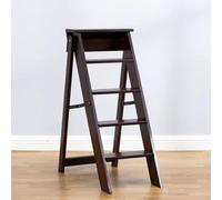 Escabeau-Chaise Pliant Rétro en Bois Massif, Échelle-Chaise | Multifonctionnelle de Bibliothèque À 4 Marches, Échelle Bibliothèque et Siège(Dark walnut color)