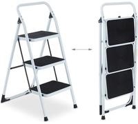 Escabeau de ménage, 3 marches, pliable, jusqu'à 150 kg, antidérapant, petit, sûr, escabeau de cuisine pliable acier, blanc