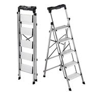 Escabeau / Échelle de ménage - Échelle pliante à 5 marches - Aluminium - Marches antidérapantes - Avec main courante - Capacité de charge : 150 kg - Argent