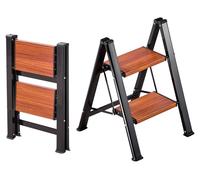 Escabeau - Échelle pliante à 2 marches - Capacité de charge : 150 kg - Marches antidérapantes - Structure en aluminium - Pliable pour un rangement peu encombrant - Aspect bois