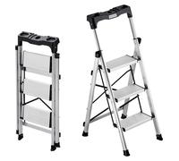 Escabeau - Échelle pliante à 3 marches - Marches antidérapantes - Barre de sécurité - Capacité de charge jusqu'à 150 kg - Aluminium - Pieds caoutchoutés