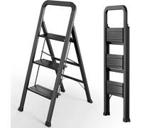 Escabeau en aluminium avec main courante - Échelle de ménage pliante à 3 marches - Antidérapante - Légère - Capacité de charge : 150 kg - Hauteur : 44–103 cm - Noir