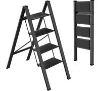 Escabeau - Escabeau de ménage pliable - 4 marches - Aluminium - Larges marches antidérapantes - Capacité 150 kg - Léger et portable - Noir