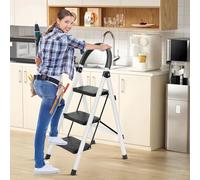 Escabeau Pliable 3 Marches, Antidérapant Acier Léger Portable Sécurité | Escabeau 3 marches pliable en acier robuste, pédales larges antidérapantes, verrouillage automatique