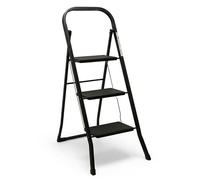 Escabeau pliable en acier à 3 marches - Charge maximale : 150 kg - 105 x 73 cm - Antidérapant - Noir - Avec 3 marches et sécurité pliante - Certifié TÜV