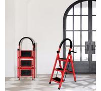 Escabeau Pliable, Escabeau 5 Marches avec Plateforme de Travail, Larges Marche Pied Pliable Antidérapantes, Tabouret en Acier Marche Pied Adulte,Charge 180 kg,104 x 57 x 41,5 cm - 3 étapes (Rouge)