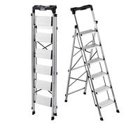 VEVOR Escabeau Pliant 6 Marches Marchepied Pliable Charge 150 kg Échelle Domestique Alliage d'Aluminium pour Travaux Ménagers, Bricolage, avec Larges Marches Antidérapantes, Plateau à Outils, Argenté