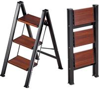 Escabeau SucceBuy à 3 marches, échelle pliante pour usage domestique avec marches antidérapantes aspect bois, charge maximale 150 kg, échelle en aluminium pour les travaux de bricolage et de nettoyage