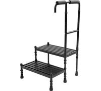 Escabeau/tabouret à deux marches avec main courante - Main courante réglable de 61 à 76 cm - Acier au carbone - Marches antidérapantes et pieds en caoutchouc - Hauteur 91-108 cm - Gris clair