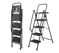 Escalier à 4 marches, en acier, avec marches antidérapantes, rampe, système de verrouillage sécurisé, capacité jusqu'à 150 kg, pliable (noir)