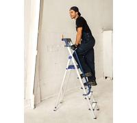 Escalier d'accès, 5 marches, aluminium renforcé, équipé de mains courantes, support pour outils, hauteur de la plateforme : 112 cm, capacité de charge : 150 kg