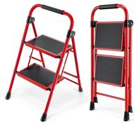 Escalier de 2 marches avec main courante, pliable, de couleur rouge, en acier, capacité de charge de 150 kg