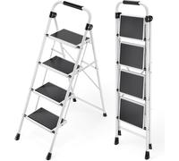 Escalier pliant à 4 marches, avec rampe, blanc, en acier, antidérapant, capacité de charge de 151 kg