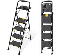 Escalier pliant à 4 marches, avec rangement pour outils et mains courantes, de couleur noire
