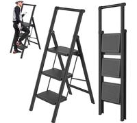 Escalier pliant - Échelle domestique à 3 marches - Marches larges antidérapantes - Acier au carbone - Capacité de charge : 150 kg - Polyvalente, peut servir de support d'étagère ou de support pour pla