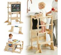 Escalier pour enfants - Marche d'accès pour la cuisine - Aide pour la cuisine - Pliable, 3 en 1 - Hauteur : 85 cm - Naturel