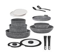 ESEVOLO Batterie de cuisine 14 pièces induction Casseroles Poêles 28cm/20cm | Lot de Casseroles avec poignées amovibles, Empilable, Revêtement Antiadhésif en Céramique sans PFAS, avec Crêpiere, Gris