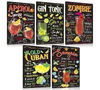 ESFIVHO Lot de 5 Cocktails Recette Plaque Metal Vintage 20x30cm - Cocktail Guide Panneau Pancarte Affiche Poster - Decoration Murale Accessoire Pour Bar Pub Cuisine Bistrot