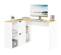 eSituro 120 cm Bureau d'angle en L avec 4 Étagères + 2 Armoires, Bureau Informatique avec Rangement, Table Ordinateur de Chambre, Double Plateau pour Travailler, Étudier, Beige Blanc