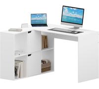 eSituro Bureau d'angle en L avec Rangement, Blanc, 118x100x75 cm | Rangement Fermé et Ouvert, 6 Casiers de Rangement, pour Études, Chambre, Bureau et Salon