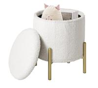 eSituro Tabouret avec Espace de Rangement Pouf Pliable Boîte sur Pieds Métalliques Coffre à Jouets avec Couvercle Rembourré pour Salon Chambre Ottoman Rond en Polaire Teddy Ø35xH41 cm Blanc