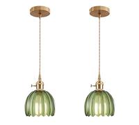 ESKED Suspension Vintage en Verre avec Douille E27 et Interrupteur Rotatif, Luminaire Plafonnier avec Abat-Jour en Forme de Pétale pour Cuisine, Salle à Manger ou Chambre (vert, 2 pièces)