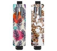 Eslifey Lot de 2 porte-stylos portables, motif plumes colorées, pochette pour 2 ou 3 stylos, bande élastique réglable, amovible, Multicolore 1, 6.1x1.8in/15.4x4.6cm